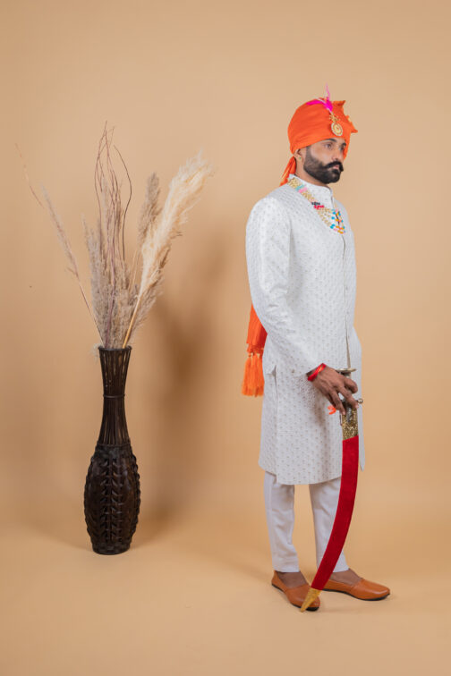 Royal White Mehroon Sherwani - Image 3